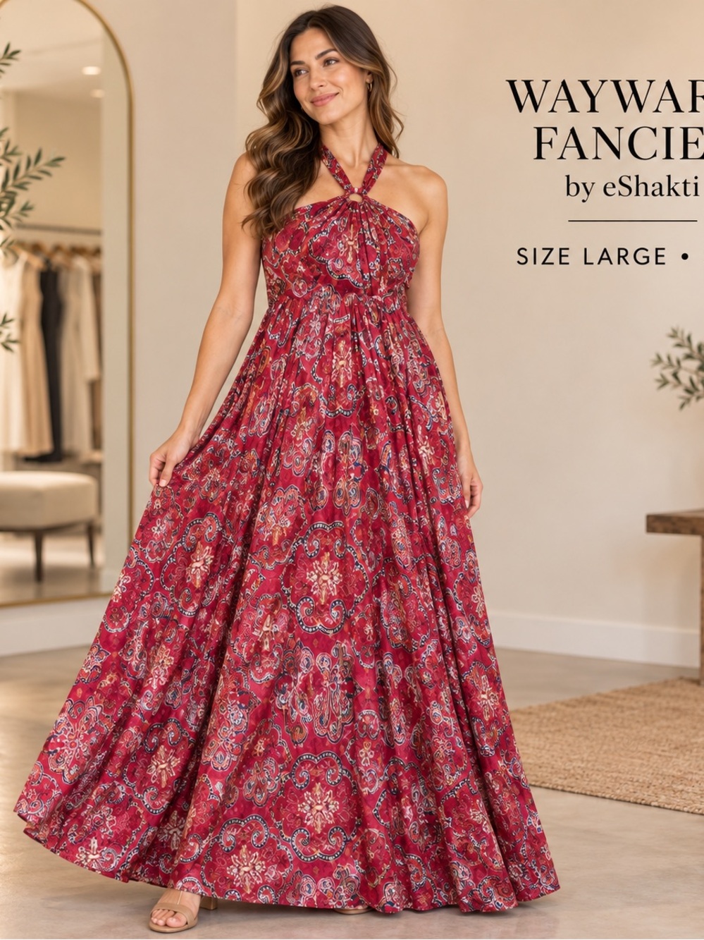eShakti Red Paisley Halter Maxi Dress